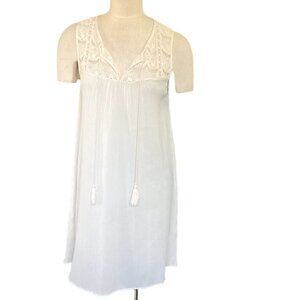 KORI America Gauze and Lace BOHO Cream Shift Dress Tassel Tie Sz L 148F